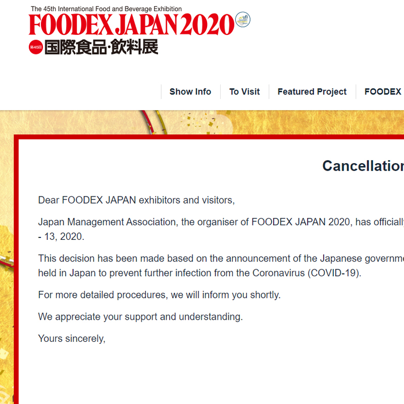 FOODEX JAPAN 2020 was officially canceled